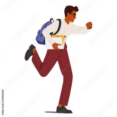 Office worker cartoon character being late looking at wristwatch running to job isolated on white