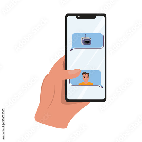 Digital communication concept with human and robot chat bubbles on phone screen, held by human hand