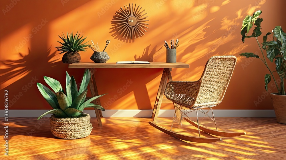 A modern retro mid-century design with burnt orange walls