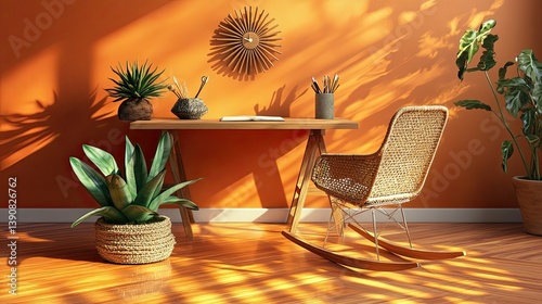 Obraz na płótnie A modern retro mid-century design with burnt orange walls w salonie