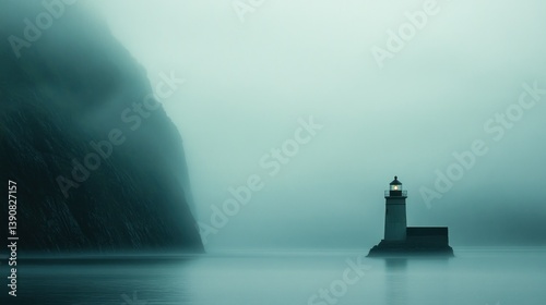 Foggy coastal lighthouse, tranquil sea, cliff backdrop, navigational beacon photo
