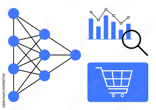 Neural network diagram, magnifying glass over data analytics graph, shopping cart icon. Ideal for AI, machine learning, sales optimization, e-commerce, data-driven decision-making, technology