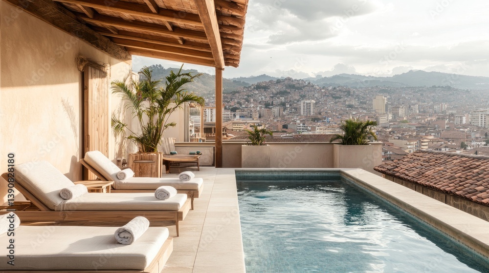 Fototapeta premium Relaxing Rooftop Pool Deck Overlooking Urban Landscape with Lounge Chairs and Scenic View of City Skyline