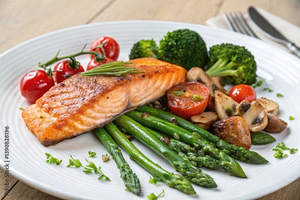 grilled salmon steak with vegetables