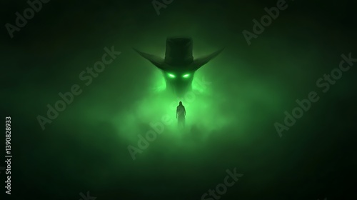 A mysterious figure stands before a looming spectral presence