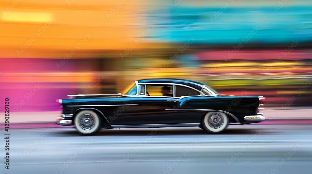 Fototapeta premium A fast-moving black car speeds down a street, the vibrant background a blur. Seen from the side. 