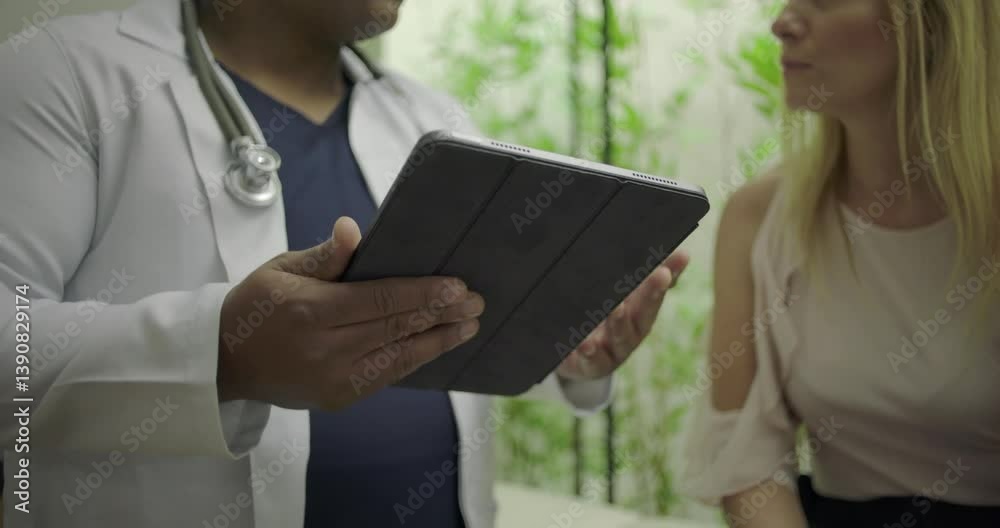 Doctor holding tablet showing medical data to middle aged female patient in clinical setting, emphasizing clear communication and modern care tools Doctor holding tablet showing medical data to middle aged female patient in clinical setting, emphasizing clear communication and modern care tools