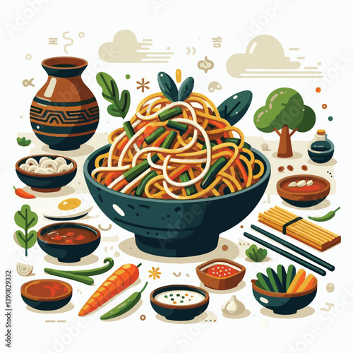 japchae, cuisine, food, asian, healthy, meal, gourmet, plate, background, vegetable, korean, korean food, traditional, sesame oil, soy sauce, green, beef, carrot, korean culture, noodle, onion, sesame