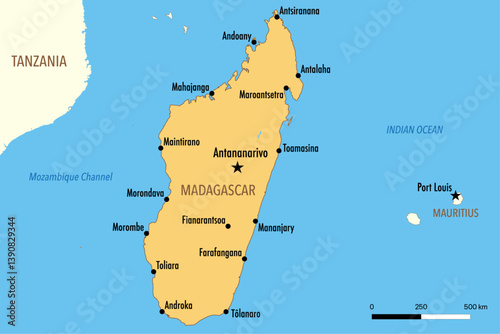 Vector Map of Madagascar with Major Cities and Neighboring Countries – Editable Illustration