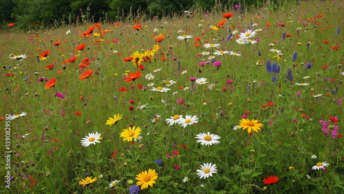 Fototapeta Naklejka Na Ścianę i Meble -  A vibrant tapestry of wildflowers blankets the landscape, creating a colorful meadow that dances beneath the summer sun's warmth.