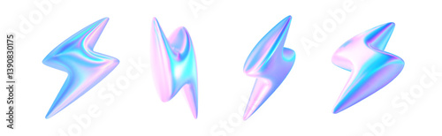 3d glass holographic lightning bolt icon. Neon flash y2k element. Thunderbolt symbol hologram effect. Flash, thunder, energy, electric abstract shape. Vector trendy illustration