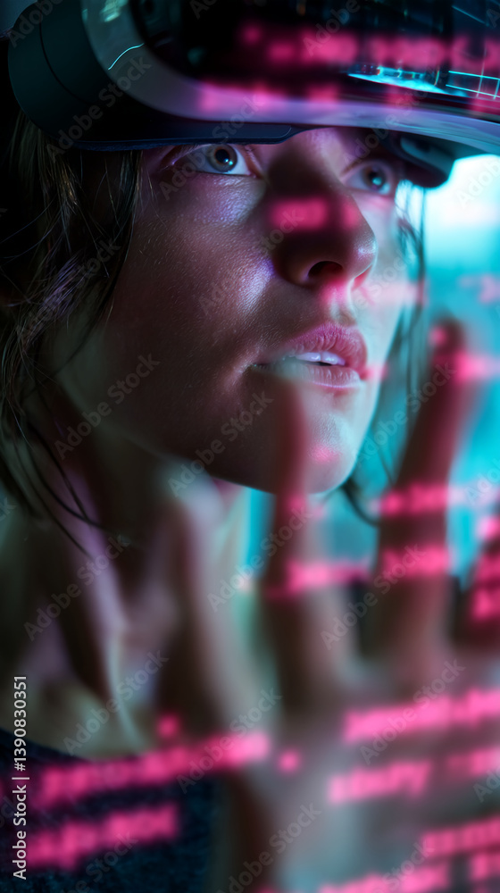 Fototapeta premium Close-up of woman wearing VR headset, pink code overlaying her face, suggesting immersion in virtual reality or digital world, showcasing technological advancement and innovation
