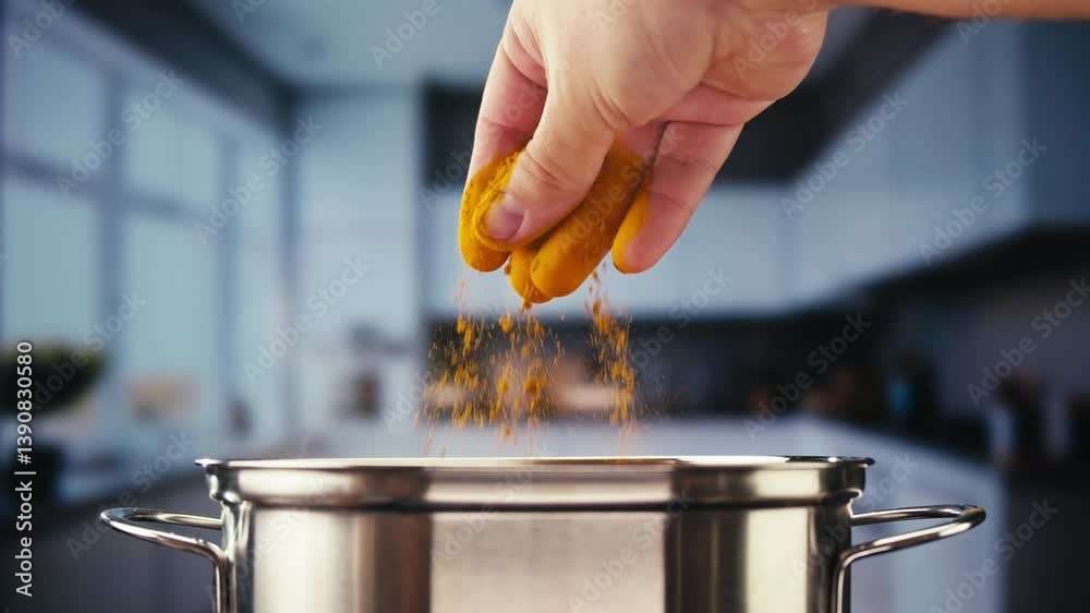 Professional chef adds curry curcuma indian peppers to a pot of boiling food. Restaurant kitchen cooking, colorful spices, dropping spices.