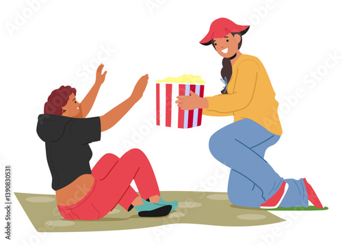 Girl friends cartoon character on picnic resting together eating popcorn snacks at outdoor festival