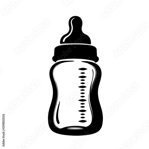 Baby bottle illustration in black and white style  