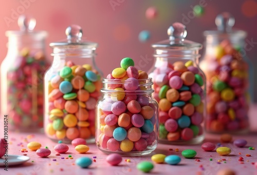 colorful assorted candies glass jars vibrant sweets delightful treats festive display bright candy colors, confectionery, gummy, chewy, cookie, chocolate