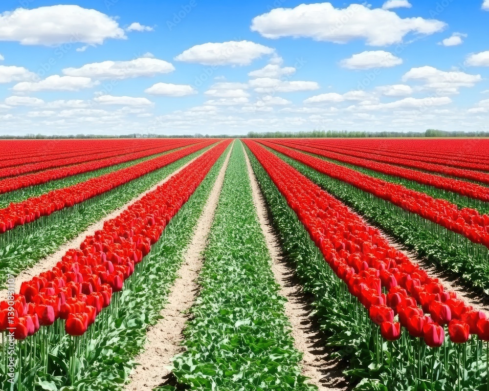 Red tulips bloom in a large field under a cloudy, blue sky. Farm scenery Red tulips bloom in a large field under a cloudy, blue sky. Farm scenery