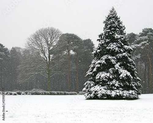 Snowy landscape Evergreen stands in field, trees blurred woodland backdrop during winter snowfall