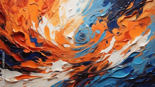 Abstract depiction of a mix of blue and orange flames with luminous particles on a dark gradient background.
