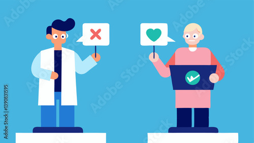 Dueling Debate Two characters debating over a podium with contrasting signs one promoting scientific advice and the other holding a sign with a common health myth.