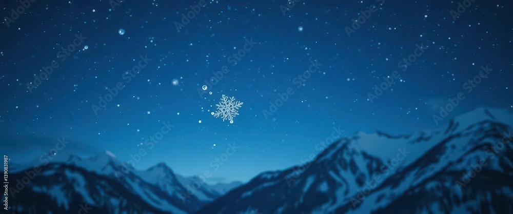 Naklejka premium Single snowflake falling against dark winter sky, starry night, snow-covered mountains, tranquil, single