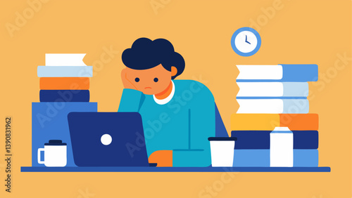 Exhausted Employee at Desk An of a frazzled employee slumped over their desk surrounded by stacks of paperwork and an overflowing inbox with a coffee cup thats empty.