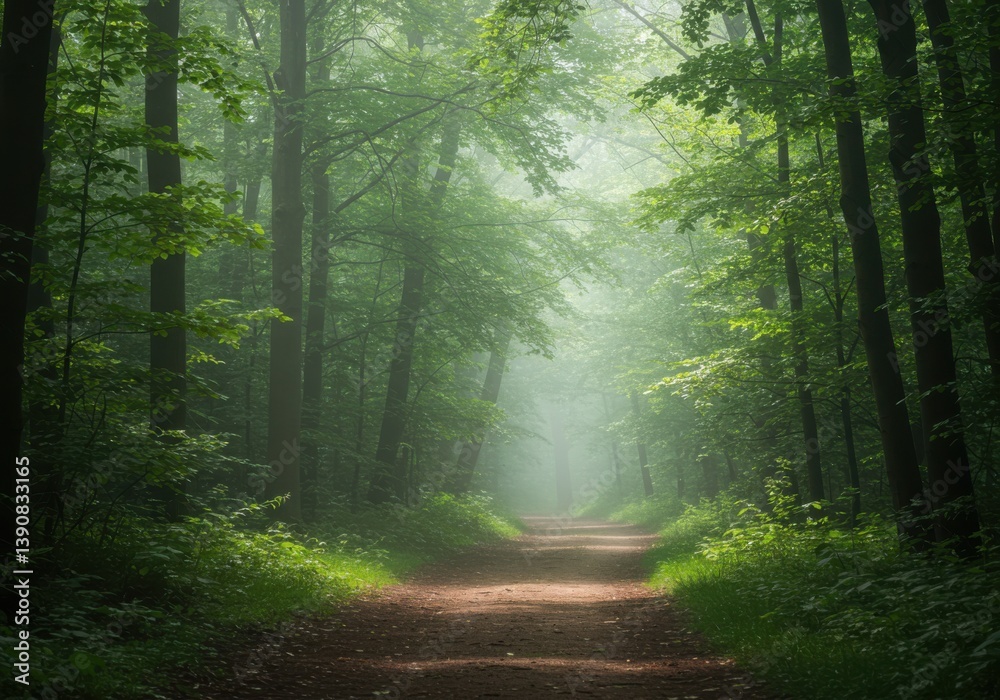 Fototapeta premium Enchanted forest path with dappled sunlight and misty atmosphere