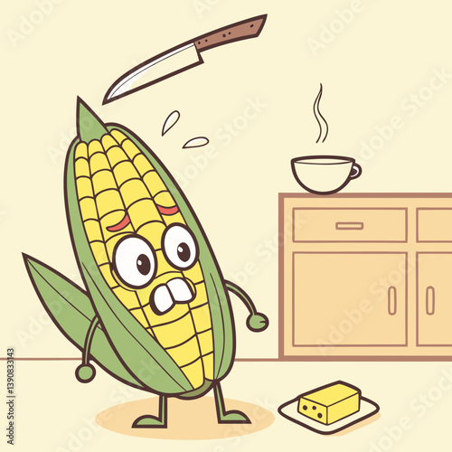 A funny corn character getting buttered by a flying knife