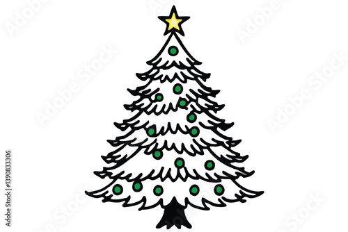 Christmas tree vector illustration with green fir branches and winter holiday decorations.