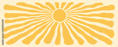 Sun summer pattern, retro ray background, burst sunshine wave, abstract groovy texture, radial vintage sunburst, cartoon yellow boho beam. Light geometric psychedelic bg. Vector illustration