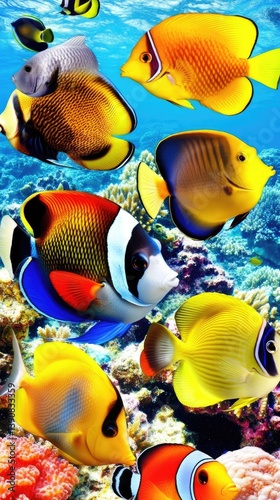 Tropical Fish Swimming Underwater Colorful reef fish in clear ocean with coral formations
