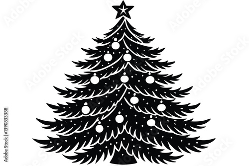 Christmas tree vector illustration with green fir branches and winter holiday decorations.