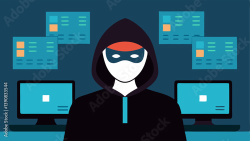 Masked Hacker at Desk A hacker wearing a mask or disguise intensely staring at multiple monitors displaying various bank information and security feeds.