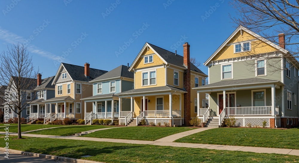 Obraz premium Charming colorful houses in a suburban neighborhood under a clear blue sky