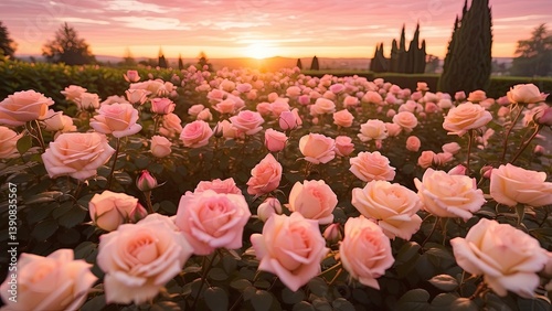 A vibrant field of pink roses basking in the soft