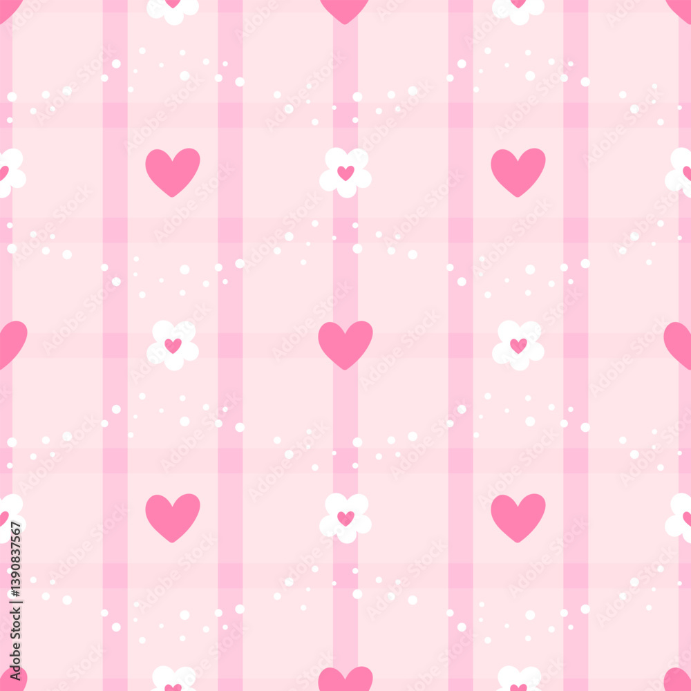 Vector seamless pattern with hearts, flowers, and gingham background in pastel colors. Ideal for childrens clothing, wrapping paper, and romantic spring or summer designs Vector seamless pattern with hearts, flowers, and gingham background in pastel colors. Ideal for childrens clothing, wrapping paper, and romantic spring or summer designs