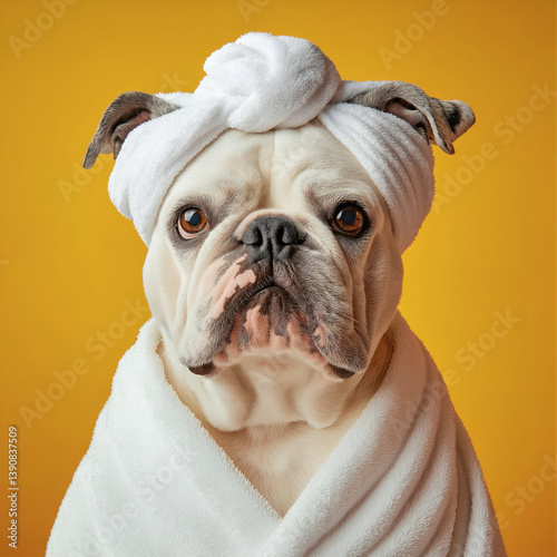 Cheerful Bulldog Spa Portrait: Cute & Funny Dog in Headband, Towel on Vibrant Yellow Background