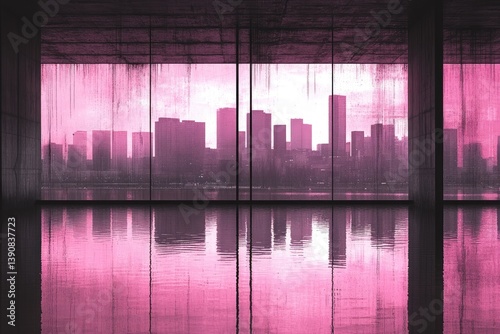 Empty concrete room with pink tinted windows overlooking a city skyline