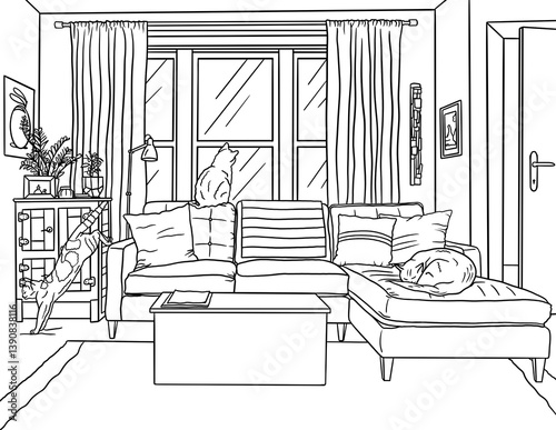 Cats in living room coloring book illustration