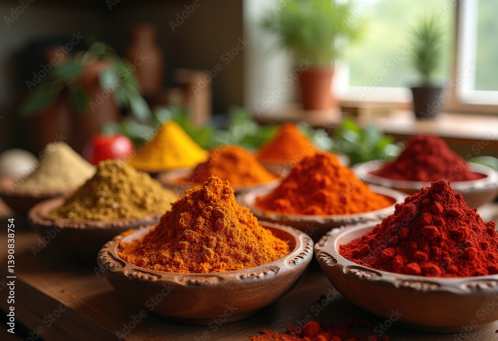 vibrant colorful spices arrangement wooden bowls culinary artistry gourmet flavors aromatic cooking ingredients, herb, pepper, salt, cinnamon, coriander vibrant colorful spices arrangement wooden bowls culinary artistry gourmet flavors aromatic cooking ingredients, herb, pepper, salt, cinnamon, coriander