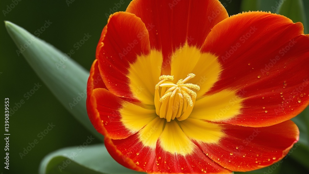 Vibrant Red and Yellow Blossom Unveiling its Delicate Inner Beauty, Adorned with Dewdrops Against Soft Green Foliage. Vibrant Red and Yellow Blossom Unveiling its Delicate Inner Beauty, Adorned with Dewdrops Against Soft Green Foliage.