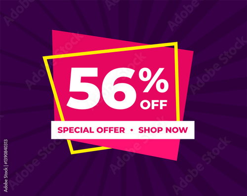 56% off, fifty six percent, special offer, shop now. Background Label. Purple and pink. Discount special offer. Modern concept design. Vector illustration.