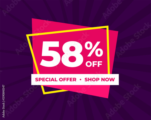 58% off, fifty eight percent, special offer, shop now. Background Label. Purple and pink. Discount special offer. Modern concept design. Vector illustration.