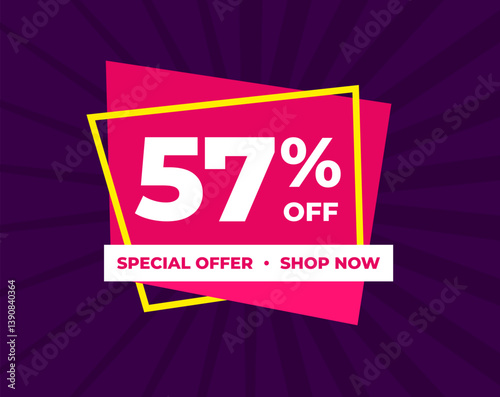 57% off, fifty seven percent, special offer, shop now. Background Label. Purple and pink. Discount special offer. Modern concept design. Vector illustration.