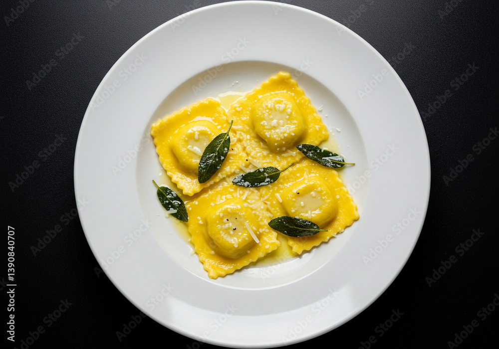 Delicate Butternut Squash Ravioli a culinary masterpiece elegantly plated with fresh sage and parmesan bathed in soft golden light against a dark background A simple yet AI Generative Delicate Butternut Squash Ravioli a culinary masterpiece elegantly plated with fresh sage and parmesan bathed in soft golden light against a dark background A simple yet AI Generative
