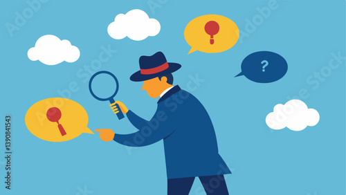 Magnifying Detail The detective using a magnifying glass to zoom in on a specific section of spatter with thought bubbles showing theories of how the crime occurred.