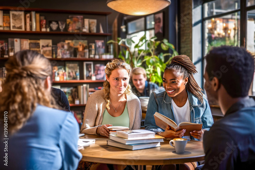 Group of young adult diversity friends gathered in lively discussion around table with books in cozy bookstore cafe. Concept of third space community, creativity and connections in shared environments