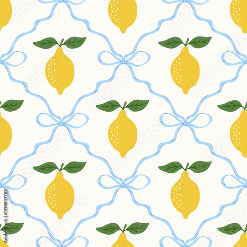 Floral trellis seamless pattern with bows and lemons. Summer coquette fruit print. Italian vacation aesthetics. Cute background with citrus fruits. Vector trendy design for fabric, wrapping paper.