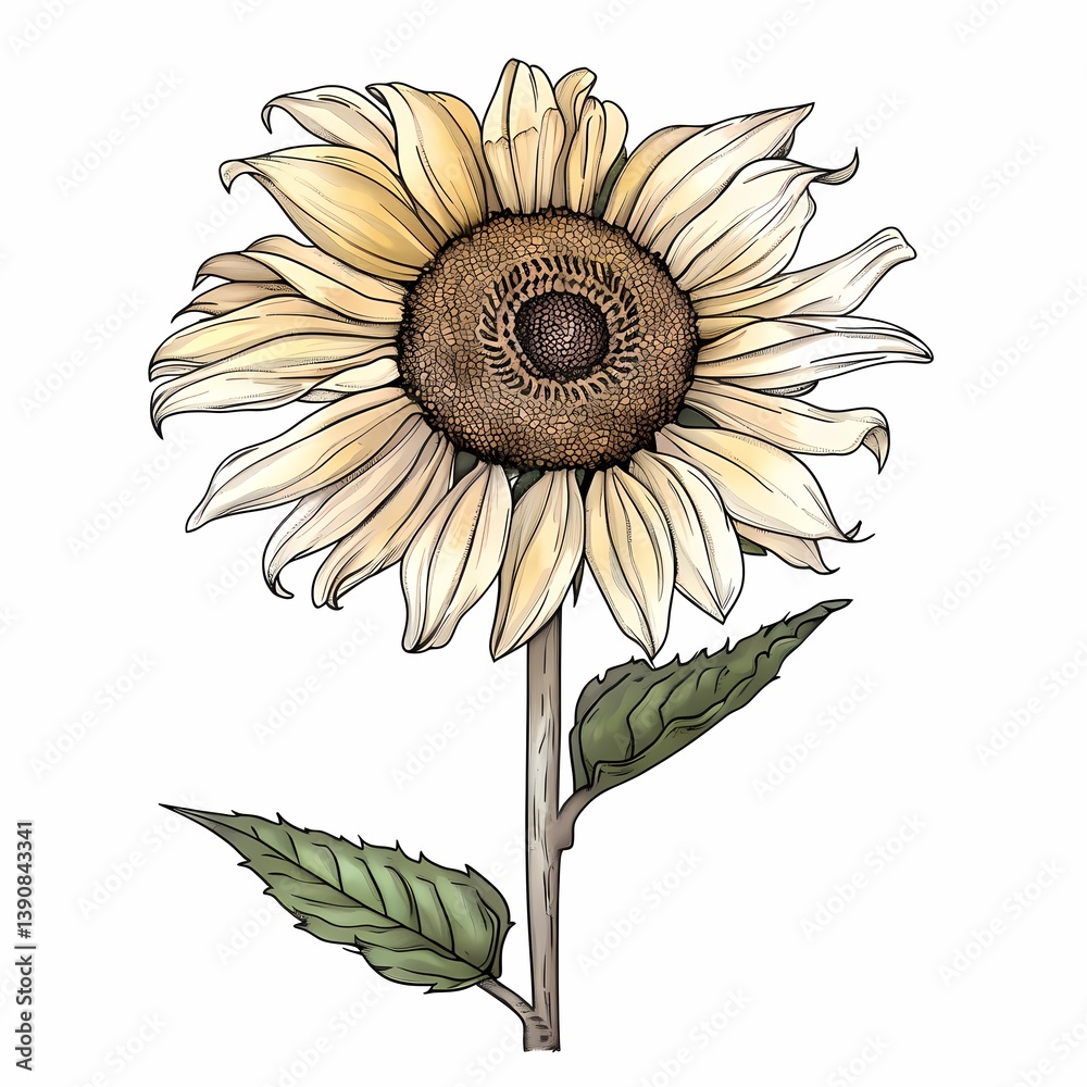 Fototapeta premium Elegant sunflower illustration with soft yellow petals, textured center, green leaves, nature theme, botanical focus