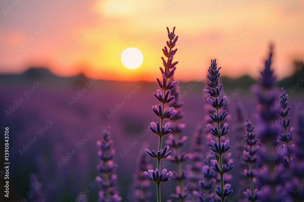 Fototapeta premium Scenic Sunset Over Lavender Field – Lilac Violet Flowers in Summer Provence